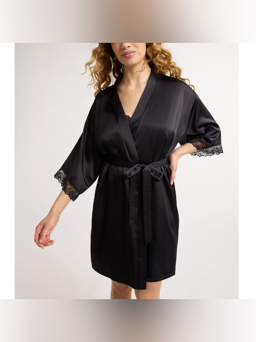 Joyspun Black Satin & Lace Dressing Robe